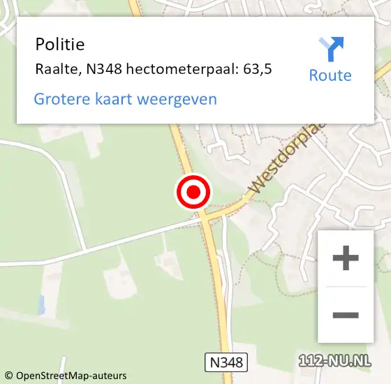 Locatie op kaart van de 112 melding: Politie Raalte, N348 hectometerpaal: 63,5 op 7 januari 2025 07:47