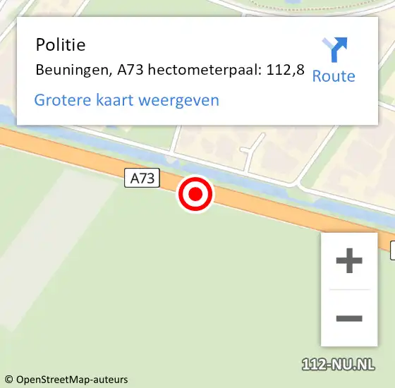 Locatie op kaart van de 112 melding: Politie Beuningen, A73 hectometerpaal: 112,8 op 7 januari 2025 08:05