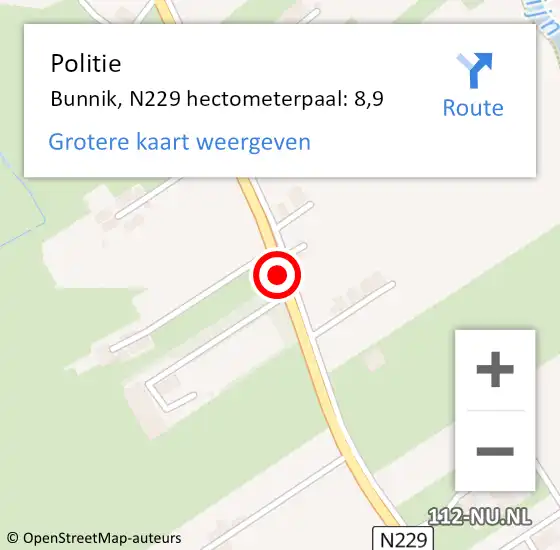 Locatie op kaart van de 112 melding: Politie Bunnik, N229 hectometerpaal: 8,9 op 7 januari 2025 08:28