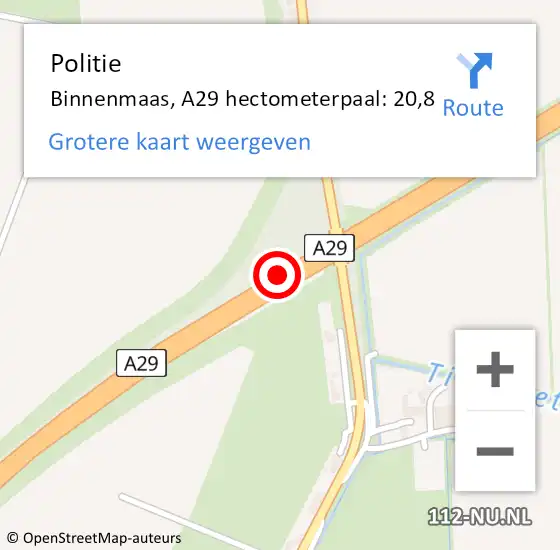 Locatie op kaart van de 112 melding: Politie Hoeksche Waard, A29 hectometerpaal: 20,8 op 7 januari 2025 10:45