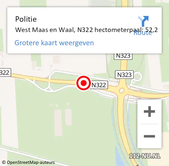 Locatie op kaart van de 112 melding: Politie West Maas en Waal, N322 hectometerpaal: 52,2 op 7 januari 2025 11:12