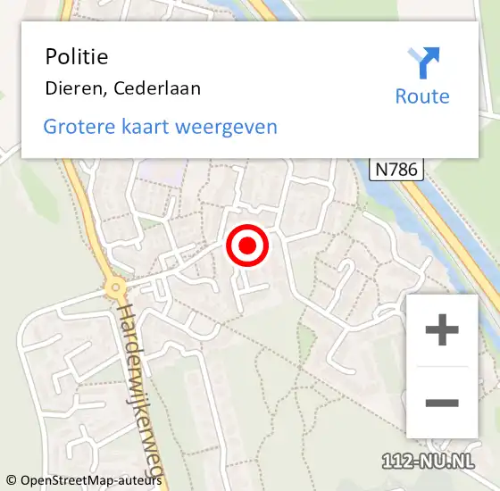 Locatie op kaart van de 112 melding: Politie Dieren, Cederlaan op 7 januari 2025 12:52