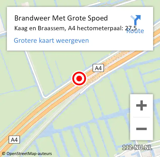 Locatie op kaart van de 112 melding: Brandweer Met Grote Spoed Naar Kaag en Braassem, A4 hectometerpaal: 27,5 op 7 januari 2025 14:40