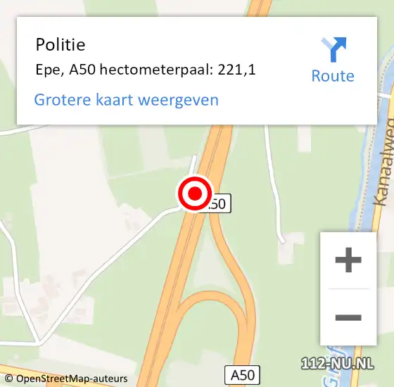 Locatie op kaart van de 112 melding: Politie Epe, A50 hectometerpaal: 221,1 op 7 januari 2025 15:40