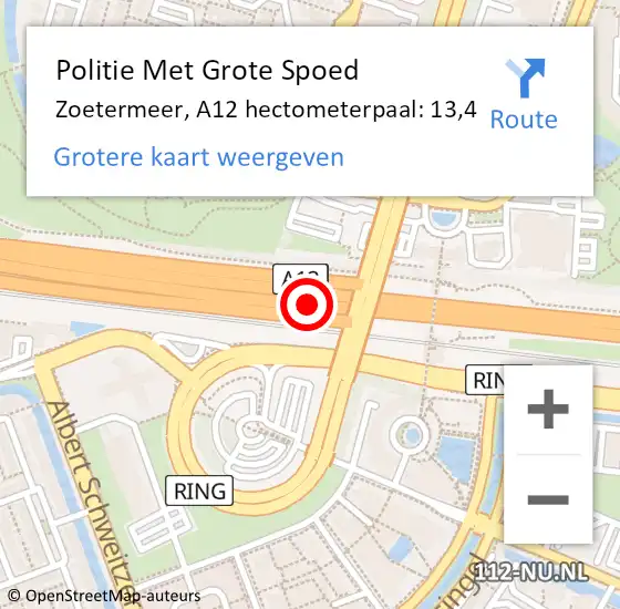 Locatie op kaart van de 112 melding: Politie Met Grote Spoed Naar Zoetermeer, A12 hectometerpaal: 13,4 op 7 januari 2025 17:50