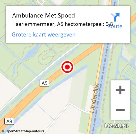 Locatie op kaart van de 112 melding: Ambulance Met Spoed Naar Haarlemmermeer, A5 hectometerpaal: 9,8 op 7 januari 2025 17:56