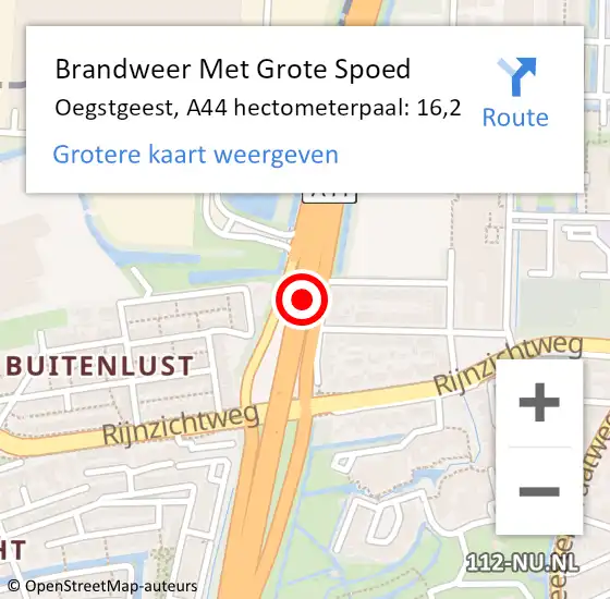 Locatie op kaart van de 112 melding: Brandweer Met Grote Spoed Naar Oegstgeest, A44 hectometerpaal: 16,2 op 7 januari 2025 22:15