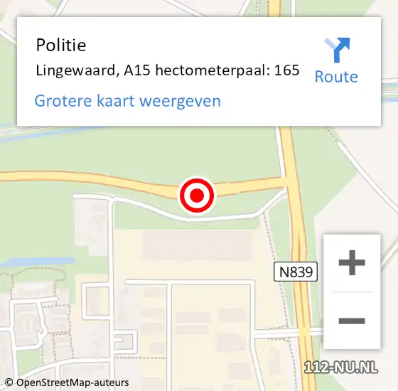 Locatie op kaart van de 112 melding: Politie Lingewaard, A15 hectometerpaal: 165 op 8 januari 2025 05:57