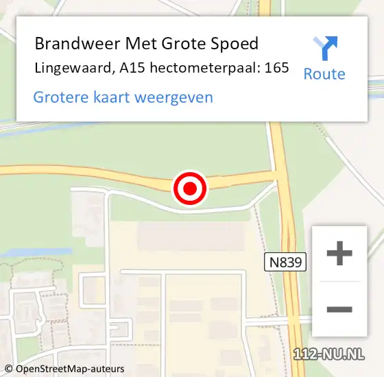 Locatie op kaart van de 112 melding: Brandweer Met Grote Spoed Naar Lingewaard, A15 hectometerpaal: 165 op 8 januari 2025 06:02