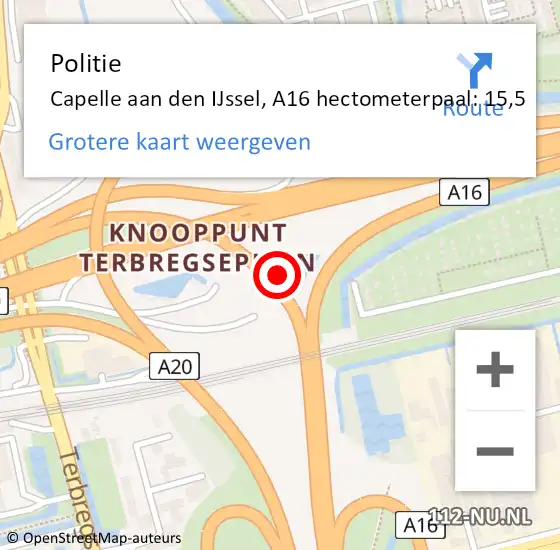 Locatie op kaart van de 112 melding: Politie Capelle aan den IJssel, A16 hectometerpaal: 15,5 op 8 januari 2025 06:43