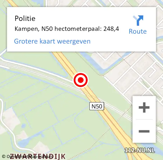 Locatie op kaart van de 112 melding: Politie Kampen, N50 hectometerpaal: 248,4 op 8 januari 2025 08:27