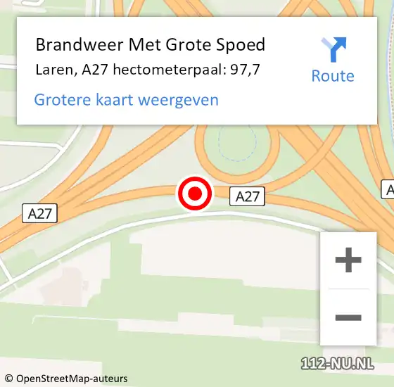 Locatie op kaart van de 112 melding: Brandweer Met Grote Spoed Naar Laren, A27 hectometerpaal: 97,7 op 8 januari 2025 08:52