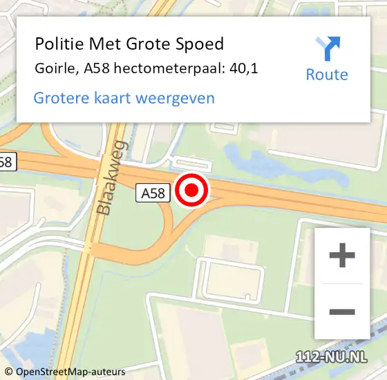 Locatie op kaart van de 112 melding: Politie Met Grote Spoed Naar Goirle, A58 hectometerpaal: 40,1 op 8 januari 2025 08:57