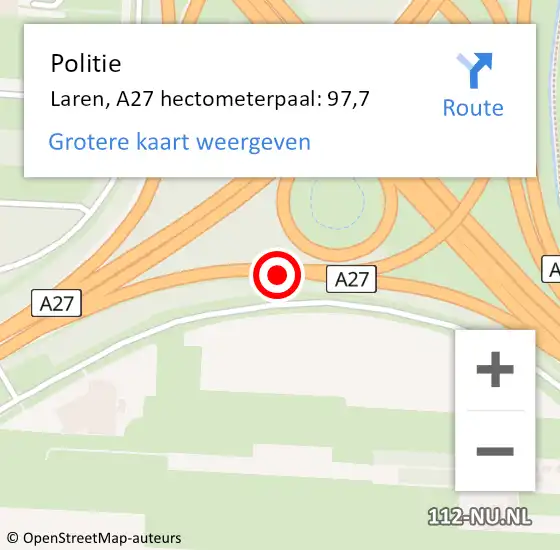 Locatie op kaart van de 112 melding: Politie Laren, A27 hectometerpaal: 97,7 op 8 januari 2025 11:32