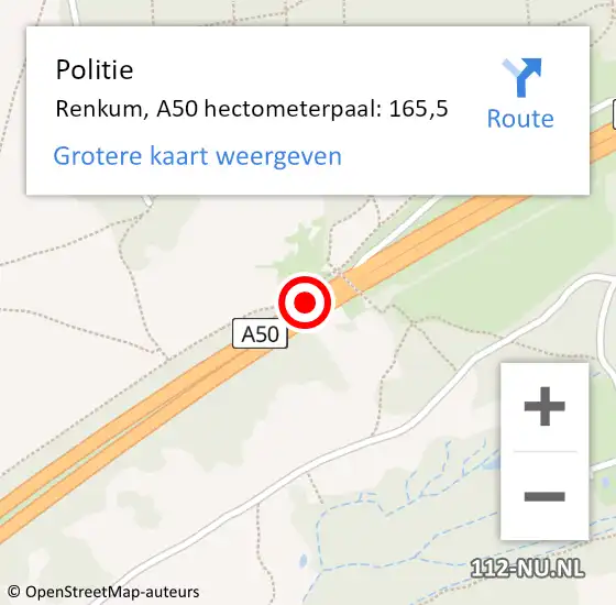 Locatie op kaart van de 112 melding: Politie Renkum, A50 hectometerpaal: 165,5 op 8 januari 2025 13:23