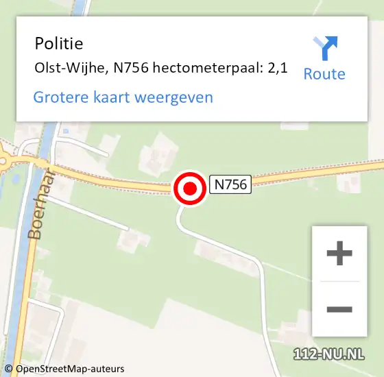 Locatie op kaart van de 112 melding: Politie Olst-Wijhe, N756 hectometerpaal: 2,1 op 8 januari 2025 14:02