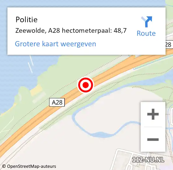 Locatie op kaart van de 112 melding: Politie Zeewolde, A28 hectometerpaal: 48,7 op 8 januari 2025 16:27