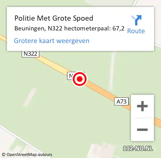 Locatie op kaart van de 112 melding: Politie Met Grote Spoed Naar Beuningen, N322 hectometerpaal: 67,2 op 8 januari 2025 16:57