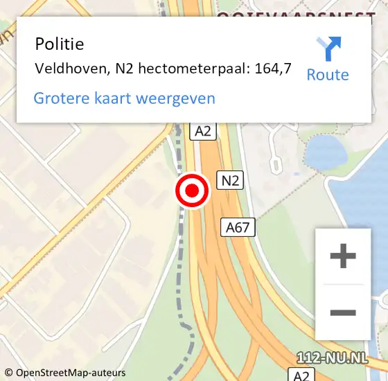 Locatie op kaart van de 112 melding: Politie Veldhoven, N2 hectometerpaal: 164,7 op 8 januari 2025 21:21