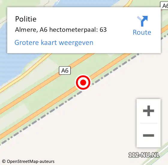 Locatie op kaart van de 112 melding: Politie Almere, A6 hectometerpaal: 63 op 8 januari 2025 22:15