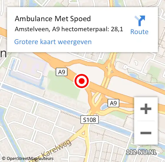 Locatie op kaart van de 112 melding: Ambulance Met Spoed Naar Amstelveen, A9 hectometerpaal: 28,1 op 8 januari 2025 22:38