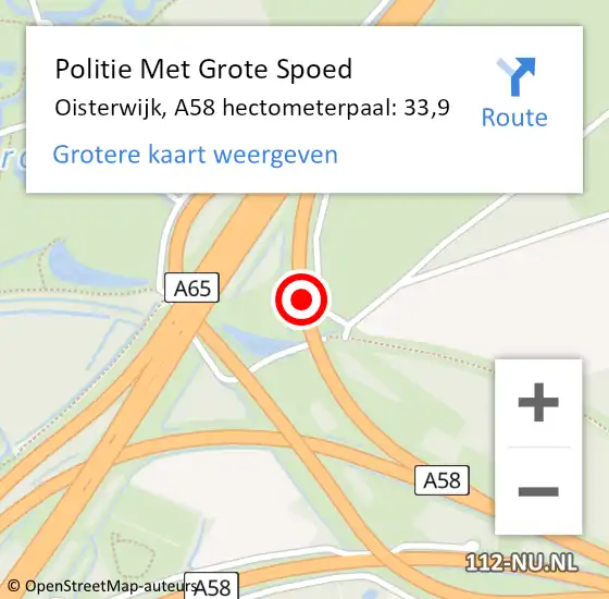 Locatie op kaart van de 112 melding: Politie Met Grote Spoed Naar Oisterwijk, A58 hectometerpaal: 33,9 op 8 januari 2025 23:01