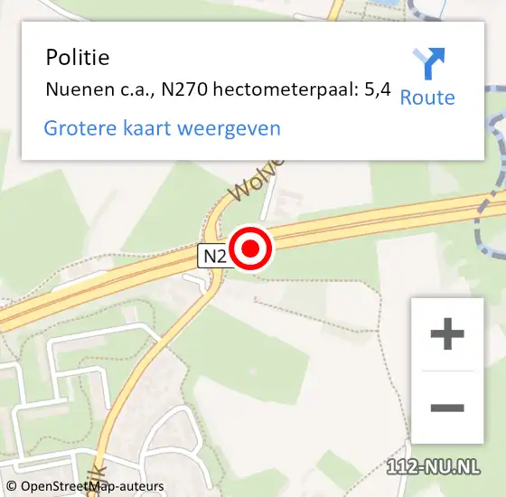 Locatie op kaart van de 112 melding: Politie Nuenen c.a., N270 hectometerpaal: 5,4 op 9 januari 2025 07:12