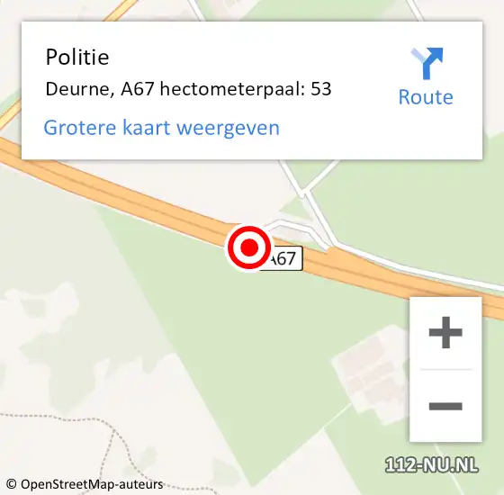 Locatie op kaart van de 112 melding: Politie Deurne, A67 hectometerpaal: 53 op 9 januari 2025 07:58