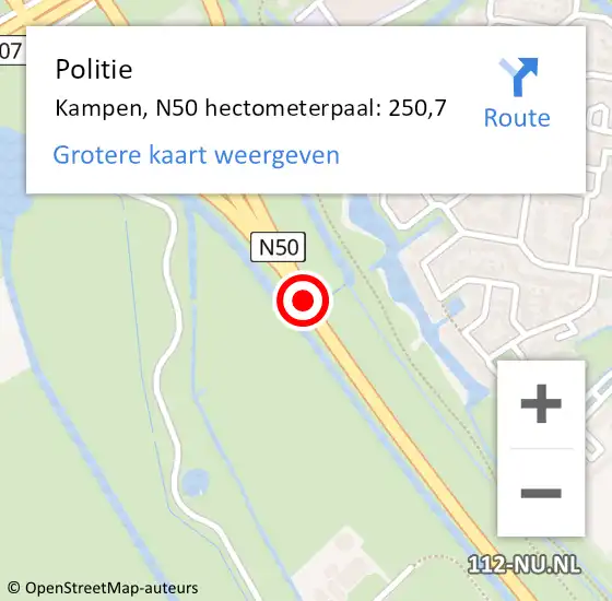 Locatie op kaart van de 112 melding: Politie Kampen, N50 hectometerpaal: 250,7 op 9 januari 2025 07:59