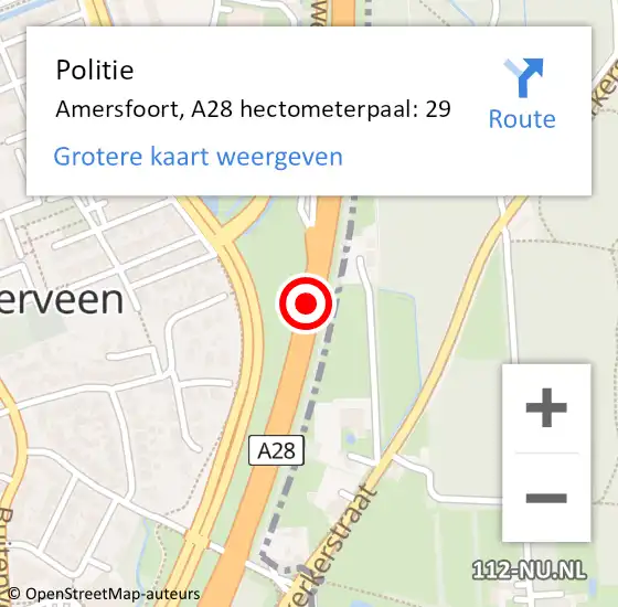 Locatie op kaart van de 112 melding: Politie Amersfoort, A28 hectometerpaal: 29 op 9 januari 2025 08:37