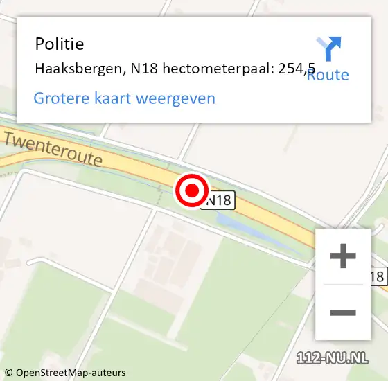 Locatie op kaart van de 112 melding: Politie Haaksbergen, N18 hectometerpaal: 254,5 op 9 januari 2025 10:12