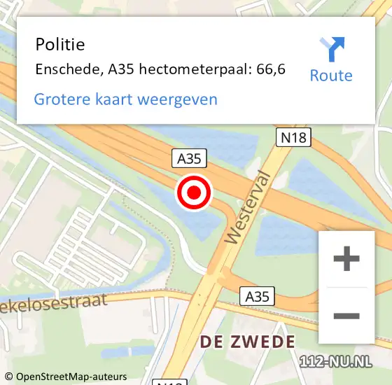 Locatie op kaart van de 112 melding: Politie Enschede, A35 hectometerpaal: 66,6 op 9 januari 2025 10:18