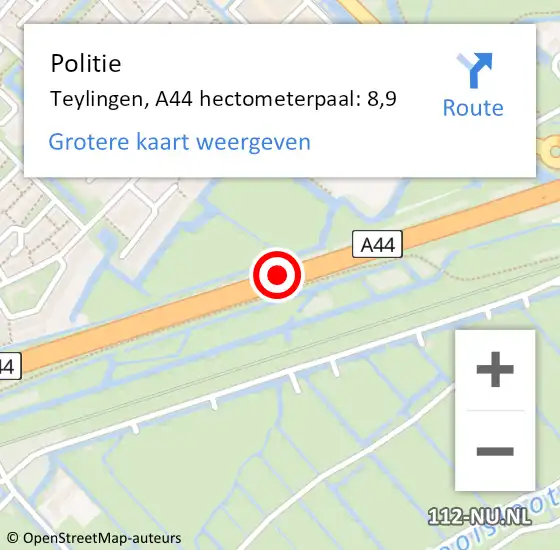 Locatie op kaart van de 112 melding: Politie Teylingen, A44 hectometerpaal: 8,9 op 9 januari 2025 10:19