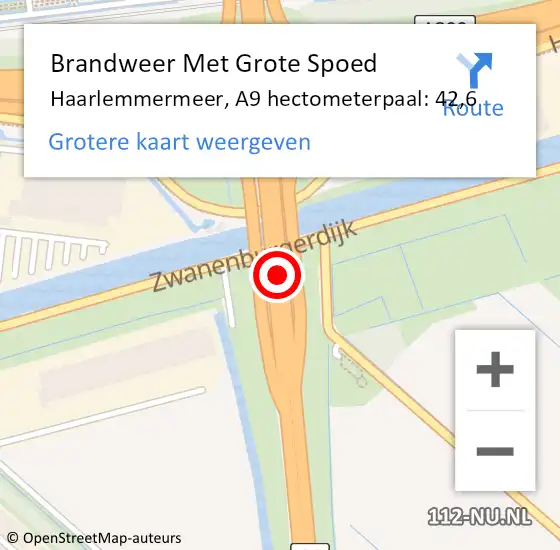 Locatie op kaart van de 112 melding: Brandweer Met Grote Spoed Naar Haarlemmermeer, A9 hectometerpaal: 42,6 op 9 januari 2025 11:35