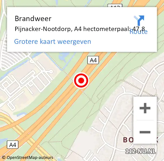 Locatie op kaart van de 112 melding: Brandweer Pijnacker-Nootdorp, A4 hectometerpaal: 47,8 op 9 januari 2025 14:01