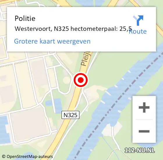 Locatie op kaart van de 112 melding: Politie Westervoort, N325 hectometerpaal: 25,5 op 9 januari 2025 14:25