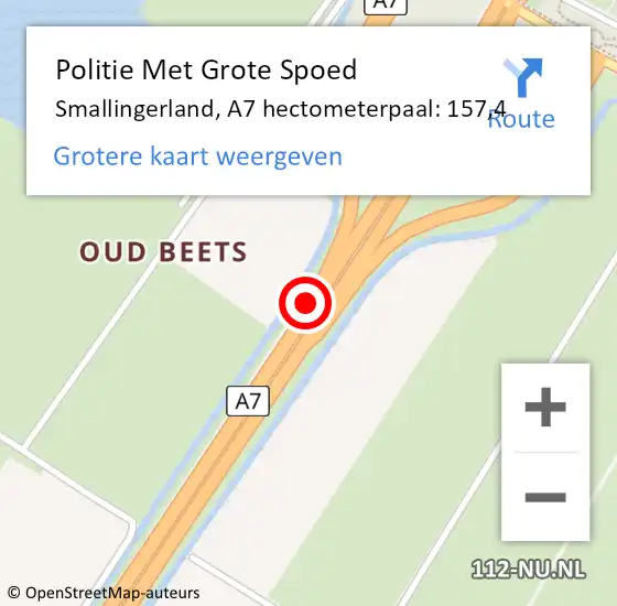 Locatie op kaart van de 112 melding: Politie Met Grote Spoed Naar Smallingerland, A7 hectometerpaal: 157,4 op 9 januari 2025 15:10