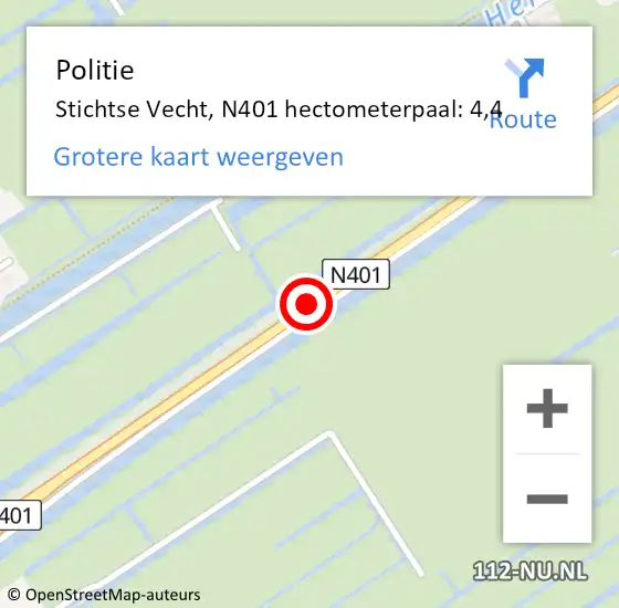 Locatie op kaart van de 112 melding: Politie Stichtse Vecht, N401 hectometerpaal: 4,4 op 9 januari 2025 16:44