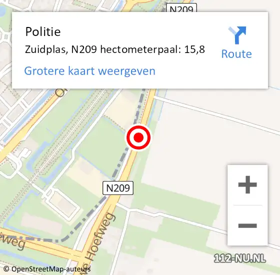 Locatie op kaart van de 112 melding: Politie Zuidplas, N209 hectometerpaal: 15,8 op 9 januari 2025 16:54