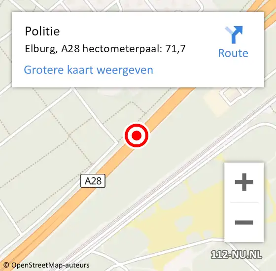 Locatie op kaart van de 112 melding: Politie Elburg, A28 hectometerpaal: 71,7 op 9 januari 2025 17:27