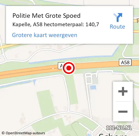 Locatie op kaart van de 112 melding: Politie Met Grote Spoed Naar Kapelle, A58 hectometerpaal: 140,7 op 9 januari 2025 17:34