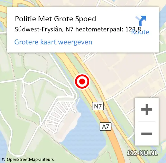 Locatie op kaart van de 112 melding: Politie Met Grote Spoed Naar Súdwest-Fryslân, N7 hectometerpaal: 123,8 op 9 januari 2025 17:38