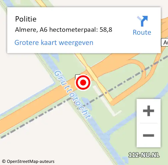 Locatie op kaart van de 112 melding: Politie Almere, A6 hectometerpaal: 58,8 op 9 januari 2025 17:50