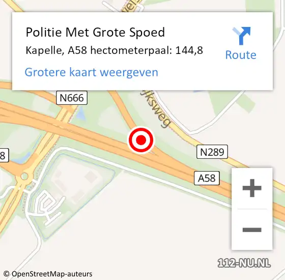 Locatie op kaart van de 112 melding: Politie Met Grote Spoed Naar Kapelle, A58 hectometerpaal: 144,8 op 9 januari 2025 18:18