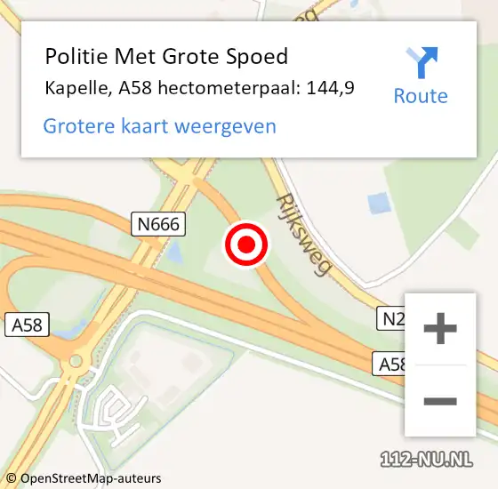 Locatie op kaart van de 112 melding: Politie Met Grote Spoed Naar Kapelle, A58 hectometerpaal: 144,9 op 9 januari 2025 18:18