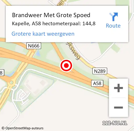 Locatie op kaart van de 112 melding: Brandweer Met Grote Spoed Naar Kapelle, A58 hectometerpaal: 144,8 op 9 januari 2025 18:18