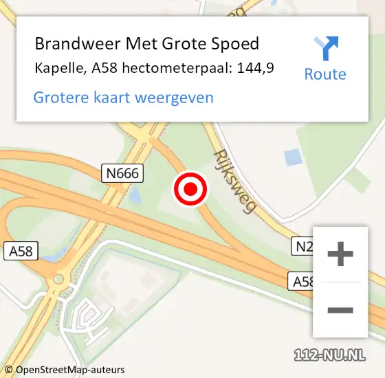 Locatie op kaart van de 112 melding: Brandweer Met Grote Spoed Naar Kapelle, A58 hectometerpaal: 144,9 op 9 januari 2025 18:18