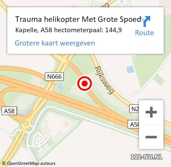 Locatie op kaart van de 112 melding: Trauma helikopter Met Grote Spoed Naar Kapelle, A58 hectometerpaal: 144,9 op 9 januari 2025 18:21