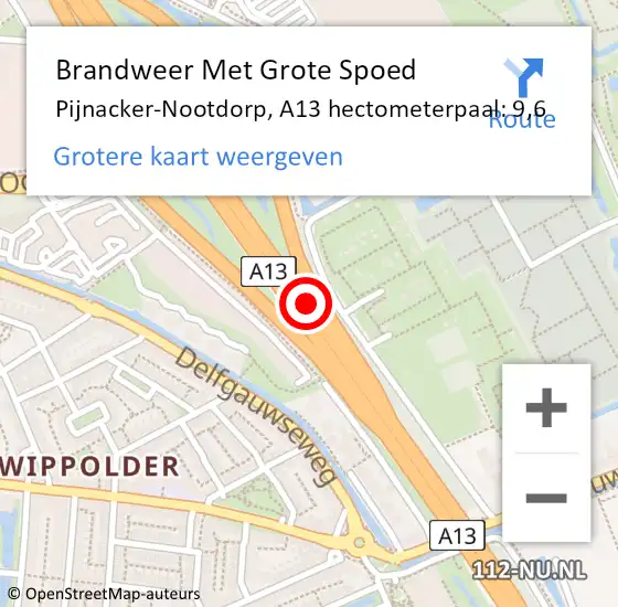 Locatie op kaart van de 112 melding: Brandweer Met Grote Spoed Naar Pijnacker-Nootdorp, A13 hectometerpaal: 9,6 op 9 januari 2025 18:30