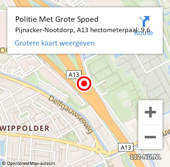 Locatie op kaart van de 112 melding: Politie Met Grote Spoed Naar Pijnacker-Nootdorp, A13 hectometerpaal: 9,6 op 9 januari 2025 18:31